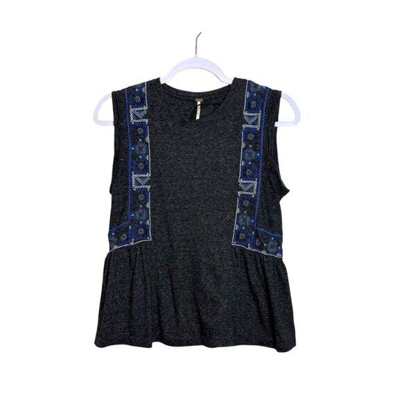 Free People Marcy Tank Top Women‎ S Heathered Grey Embroidered Boho Lightweight - Picture 1 of 7